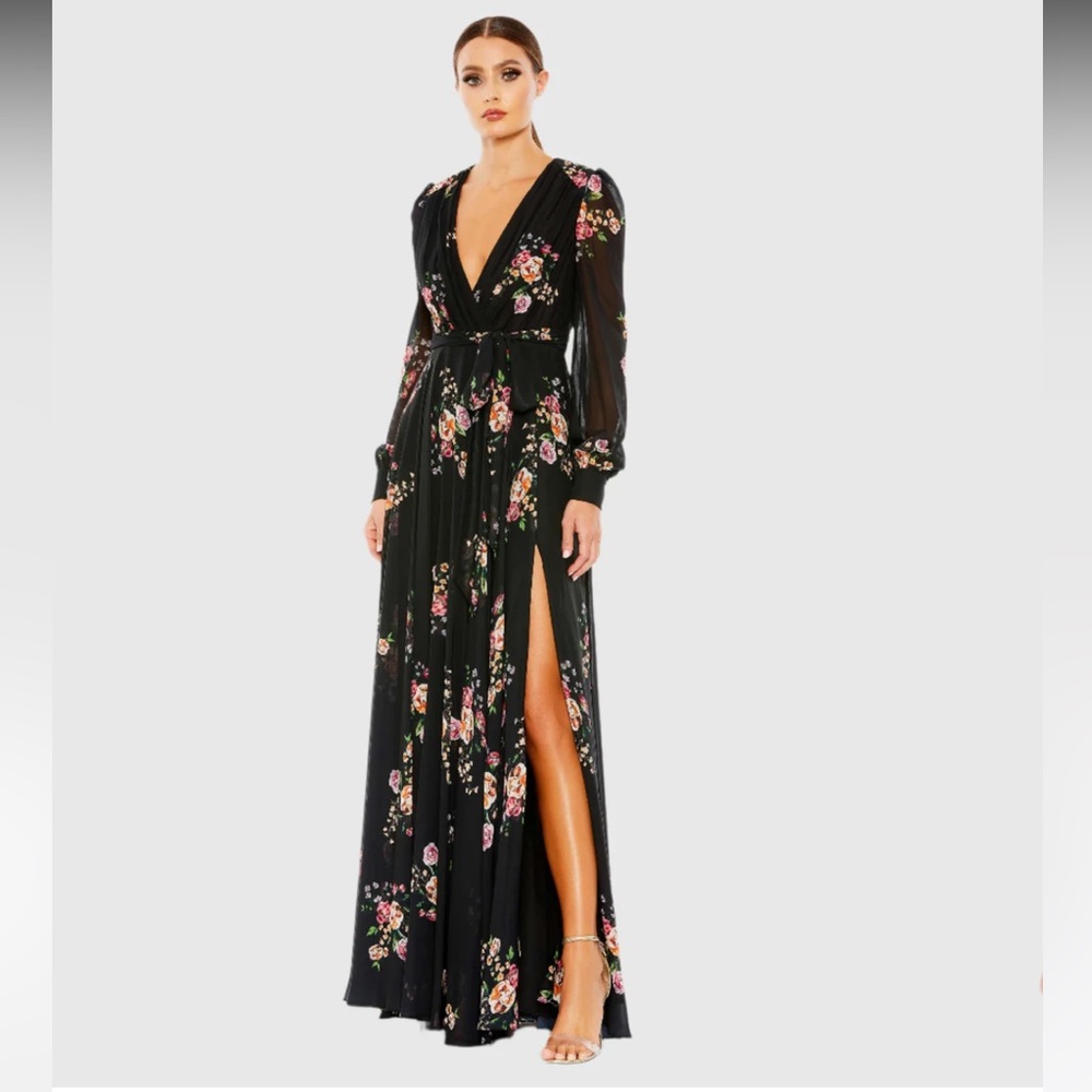 Mac Duggal Black Floral Maxi Dress with Pink and Green Accents